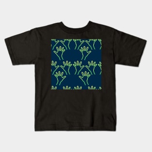 Cave Hands Anew Yellow-Green on Dark Blue Kids T-Shirt
